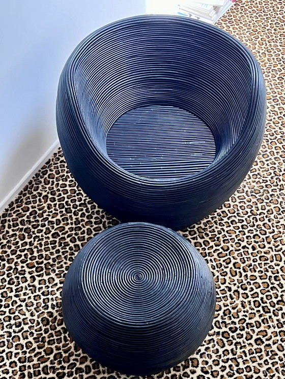 Image 1 of Black Wicker Armchair and Ottoman