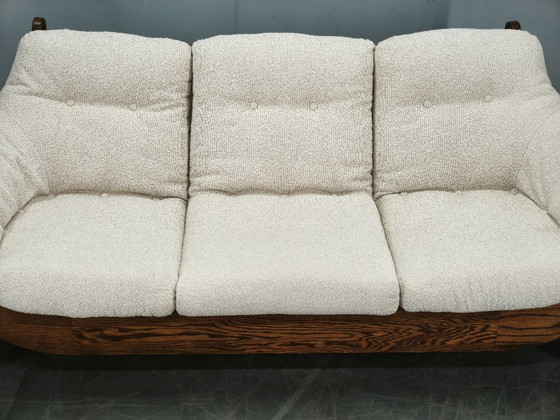 Image 1 of Brutalist Solid Oak and Bouclé Three-Seat Sofa, Czechoslovakia 1970s