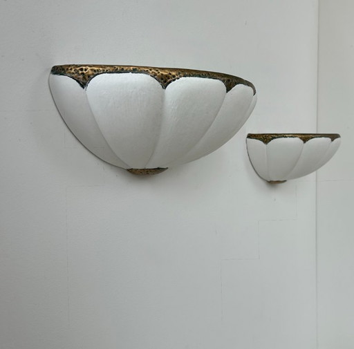 Pair of vintage seashell wall sconces, matte white plaster and gold details, France, 1970