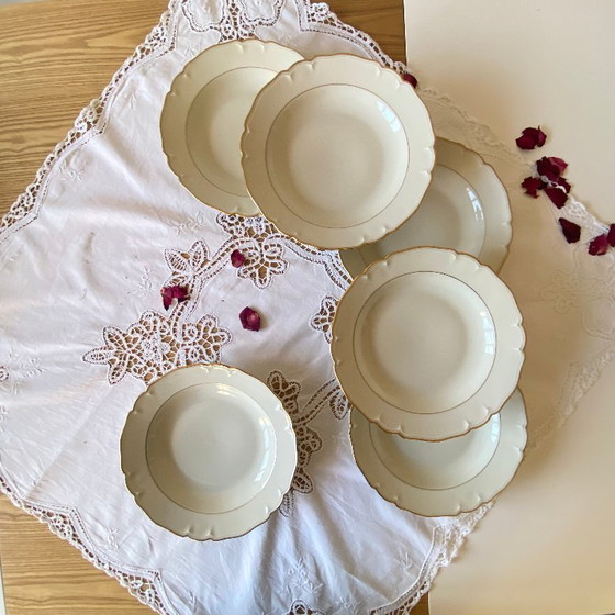 Image 1 of Set of 6 antique off-white porcelain soup plates with gold rim, Limoges ULIM