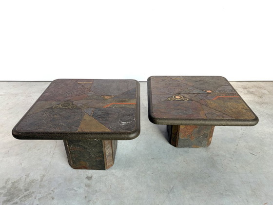 Vintage brutalist slate stone nesting by Laub, 1980s – Side tables, Brass (photo 10 of 10)