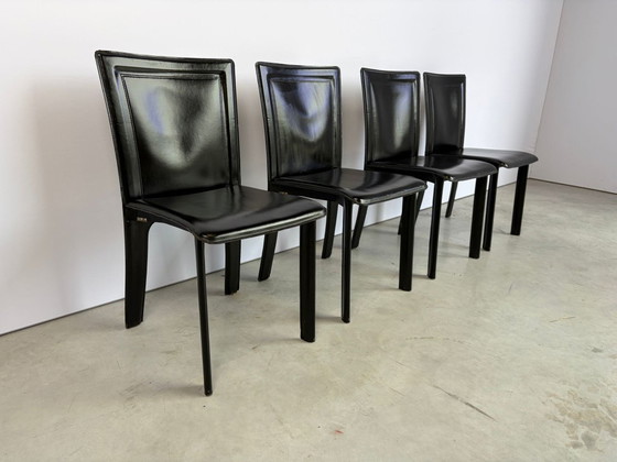 Vintage Zwart Lederen Eetkamerstoelen, Set Van 4 - Jaren 70 – Leather (photo 2 of 9)