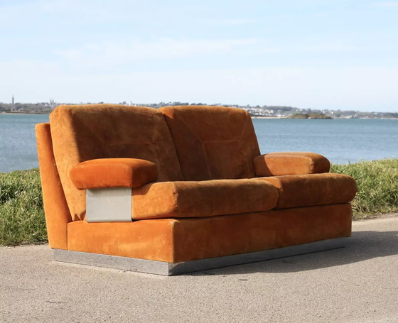 Image 1 of Canapé Orange Cuir Suédé et Acier