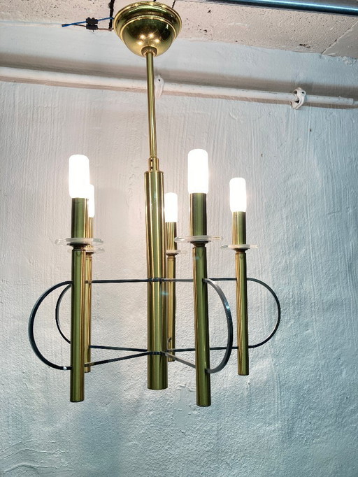 Lustre Sciolari, design des années 1970, laiton, chrome, verre