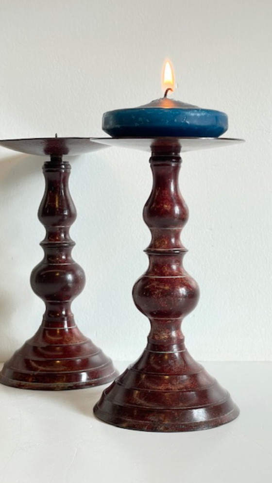 Image 1 of Vintage Patinated Metal Candlesticks