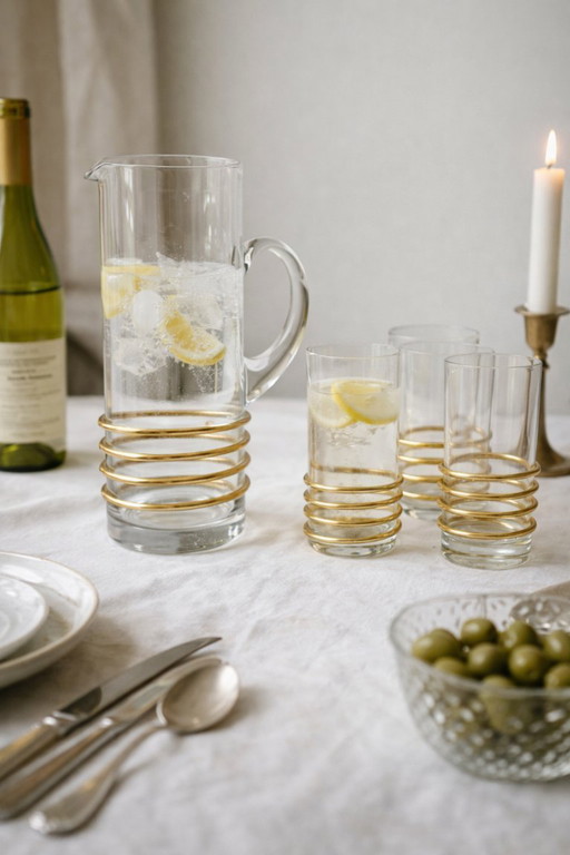 Französisches Vintage-Barset aus Glas – Karaffe und 4 Gläser, Goldspirale, Reims, 1960er Jahre