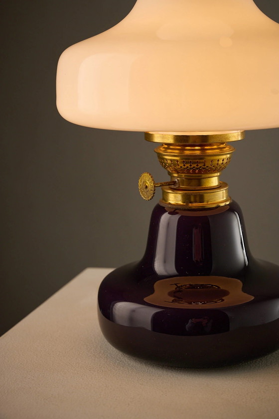 Fog & Mørup El-Oline Purple Table Lamp, Denmark, 1960s, Glass, Brass, White (photo 2 of 9)