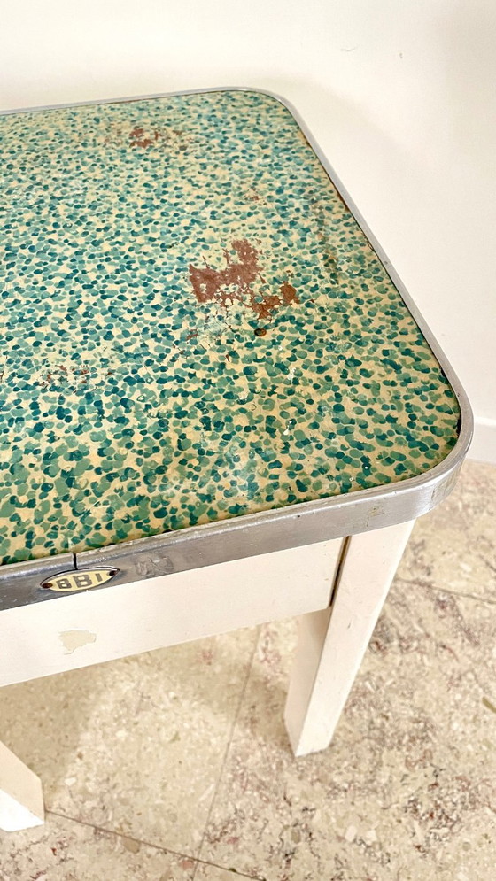 Vintage Houten Opbergkrukje, BBI, Aluminium, Groen (foto 9 van 26)