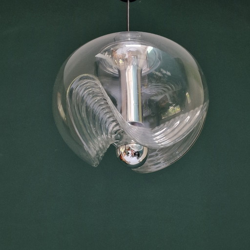 Lampe suspendue Vintage Space Age - Peill & Putzler "Wave" / "Futura" - 1970 Allemagne - Verre et Métal - Ø 32 cm.