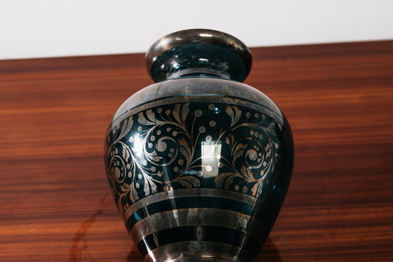 Image 1 of Glass and Silver Overlay Vase American Art Deco 1940’s Design