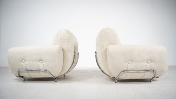 Image 1 of Mid Century Modern Paar Fauteuils, Chroom en Boucle Stof