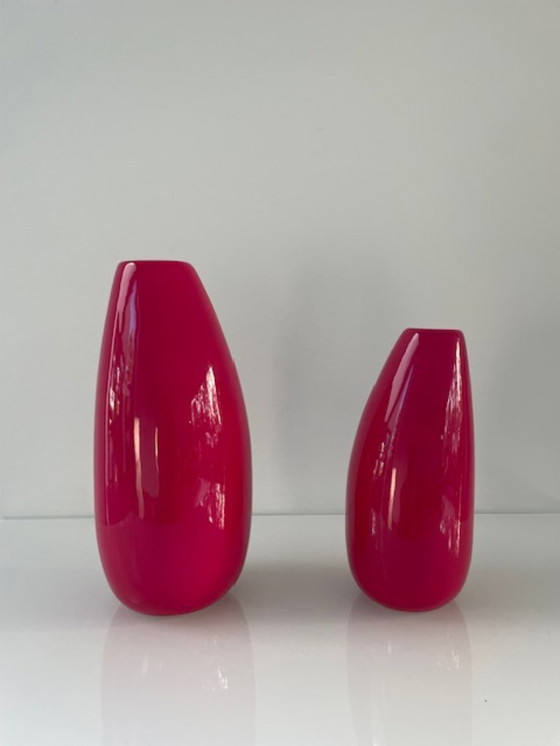 Image 1 of Set of 2 organic bright pink design vases