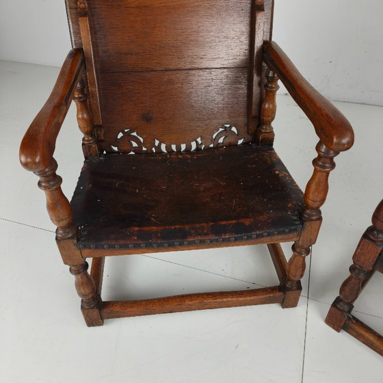 Pair of English Antique Jacobean Monk Armchairs / Tables by F. Parker & Sons Ltd – Wood, Leather (photo 13 of 16)
