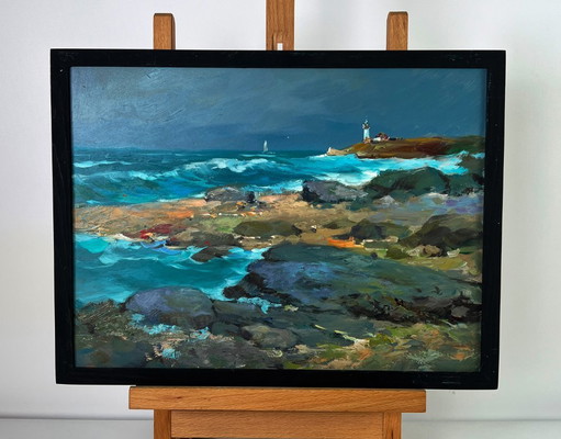 Peinture à l'huile originale, paysage marin, rochers, vagues, mer déchaînée, côte nuageuse