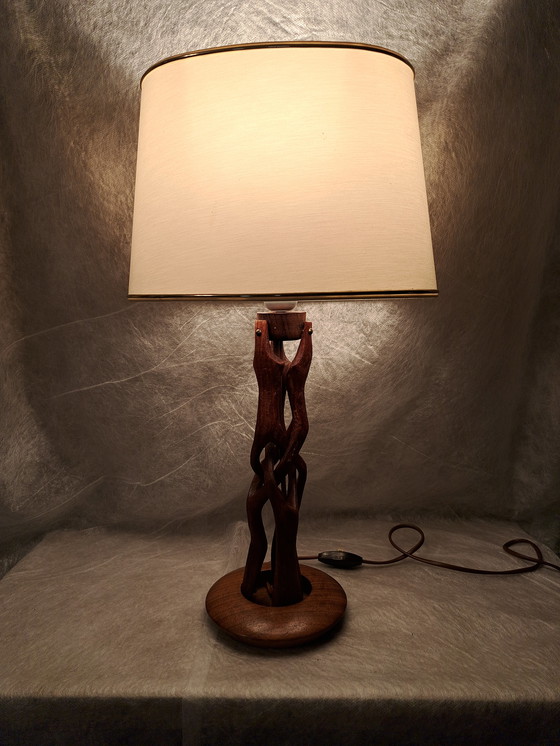 Image 1 of Mid-century hand-carved Scandinavian teak table lamp