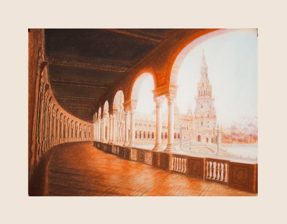 Image 1 of Painting of Plaza de España in Seville. Drawing of Plaza de España in Seville. Seville Painting. New.