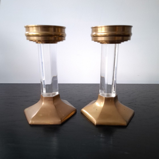 Image 1 of 2x vintage kandelaar jaren 60/70 lucite/messing