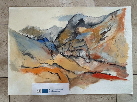 Image 1 of 10x landschappen, acryl op papier, niet ingelijst