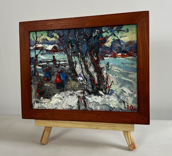 Image 1 of Original Oil Painting Winter Village Landscape First winter ice