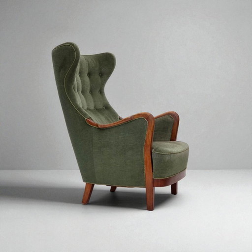 Poltrona danese con schienale alto, anni '60, velluto verde, legno di teak.