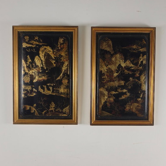 Image 1 of Impresionante par de paneles de estilo chinoiserie del siglo XIX con marcos dorados.