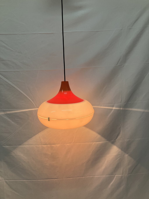 Space Age vintage pendant lamp in white and orange plastic, 1970