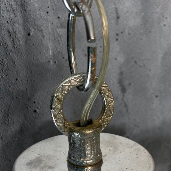 Space Age Chandelier in Chromed Metal with 4 White Opaline Glass Globes, 170s (photo 12 of 12)