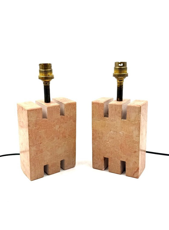 Image 1 of Juego de 2 lámparas de sobremesa de mármol rosa Hollywood regency, Francia años 70