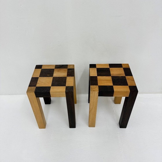 Image 1 of Set of 2 vintage wooden side tables, brown and light wood