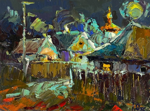 Peinture à l'huile originale représentant un paysage champêtre nocturne au clair de lune dans un village