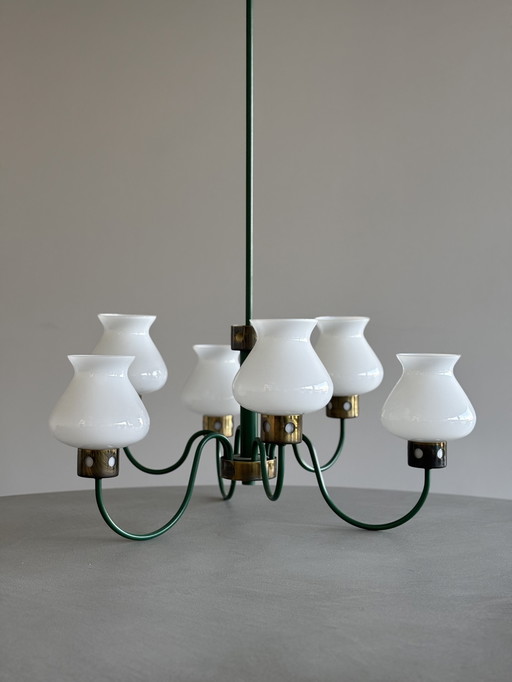 Lustre vintage italien à 6 lumières - détails vert forêt et or, abat-jour en verre opale