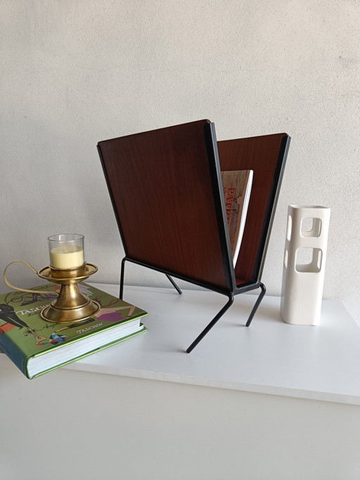 Italian Mid Century Magazine Rack in Teak Veneer and Black Metal, 1950s–1960s