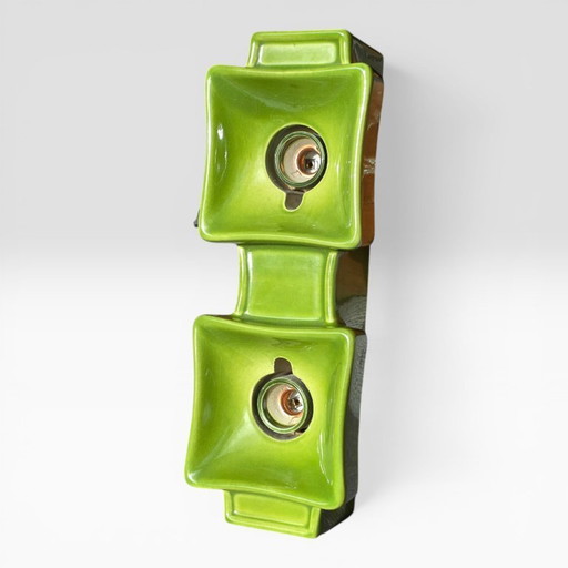 Vintage green wall lamp by PAN Keramik. Green lamp with two sockets. Ceramic. Retro, 70s style.
