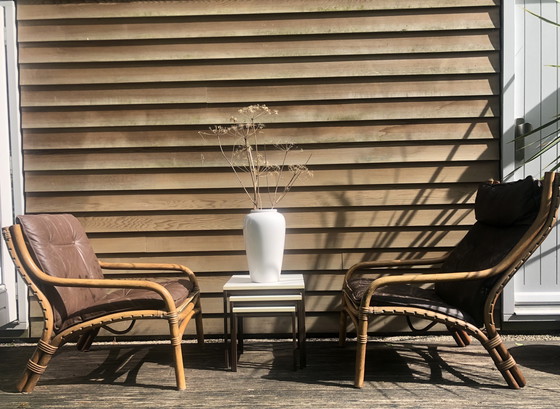 Image 1 of Ensemble vintage de fauteuils en bambou 1970 avec coussin en cuir