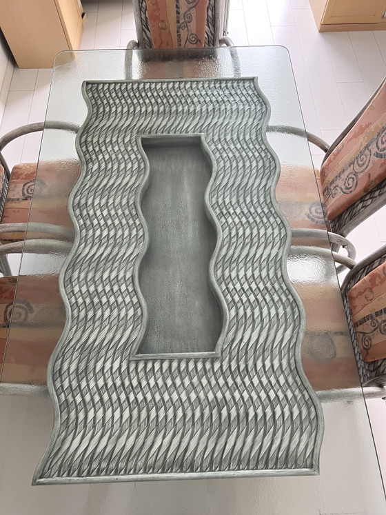 Image 1 of Mesa de cristal con 6 sillas de bambú/ratán (estudio de mimbre Schütz)