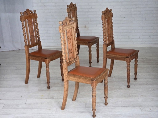1930s, set of 4 Danish dining chairs, carved oak wood, furniture leather.