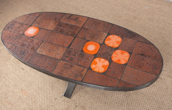 Image 1 of Coffee table in Lava stone, Ceramic and Steel by Jean Jaffeux 1960.