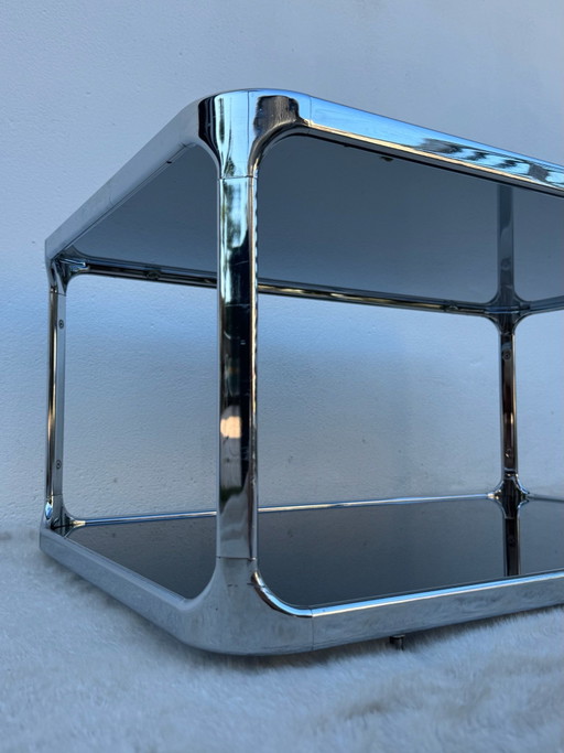 70er Couchtisch aus Chrom und Rauchglas