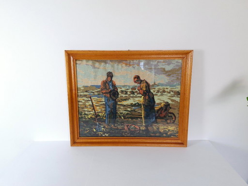 Vintage Framed Needlepoint "The Angelus" by Millet – Hand Embroidered Wall Art – Rustic Farmhouse Decor – Religious Christian Ar