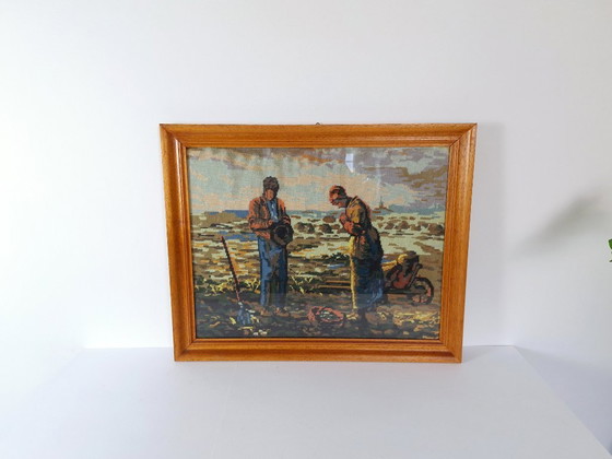 Image 1 of Ricamo a punto croce vintage incorniciato "L'Angelus" di Millet – Arte murale ricamata a mano – Decorazione rustic