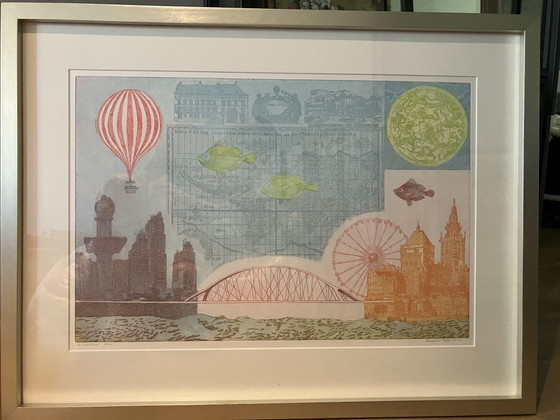 Framed Etching Annemarie Petri - Nijmegen “The Crossing” – Art, Glass, Paper (photo 6 of 9)