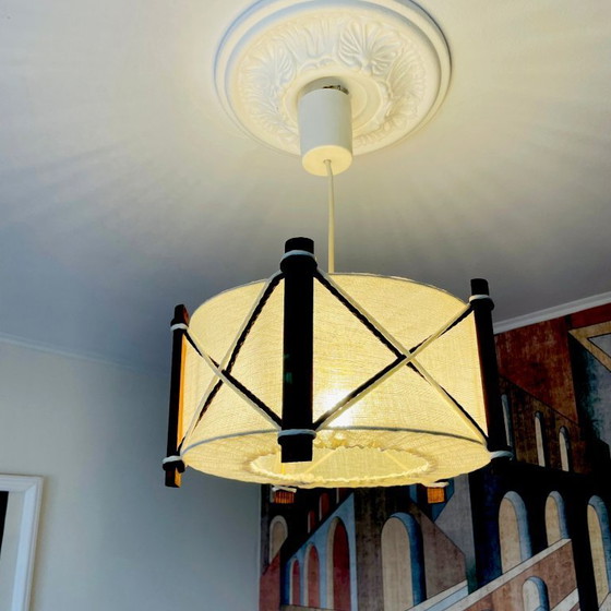 Image 1 of Nautical style Scandinavian wood and linen lampshade hanging lamp vintage