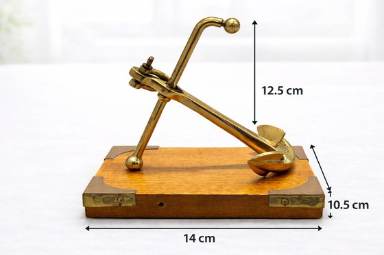 Image 1 of Vintage Mid-Century Brass Anchor Sculpture on Wooden Base - 1960s