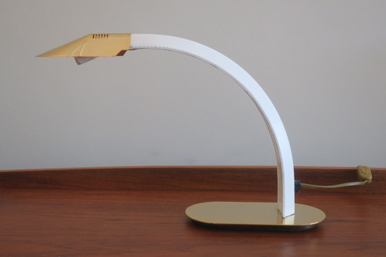 Image 1 of Vintage Italian Inscribed Leather and Gold-Plated Brass Cobra Table Lamp, 1970s