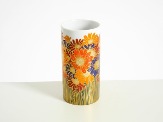 Image 1 of Beautiful 1980s porcelain vase by Rosemonde Nairac for Rosenthal Studio-Linie, featuring colorful daisies