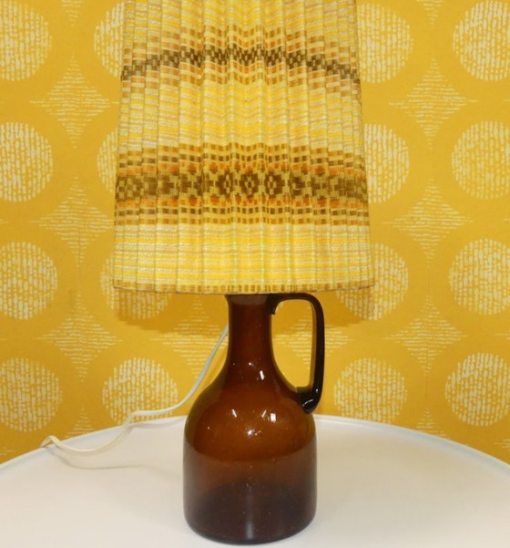 Image 1 of Table lamp 70s amber glass base light yellow patterned pleated shade vintage retro seventies space age flower power
