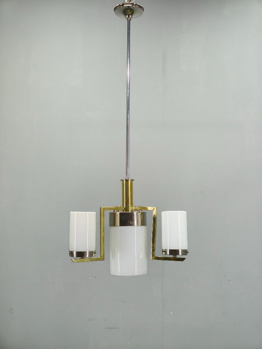 Tschechoslowakischer Art-Deco-Kronleuchter aus Messing und Chrom mit Opalglas, 1930er Jahre