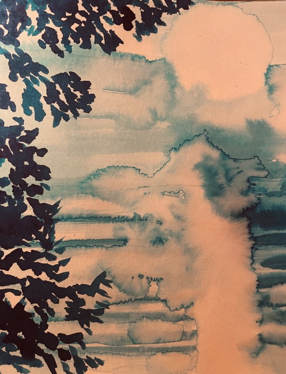 Image 1 of Monochroom blauwe aquarel "zonsondergang boven het meer"