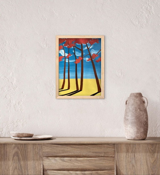Abstraktes Gemälde von Frédéric Cadiou mit roten Bäumen, Gemälde & Zeichnungen, Holz, Papier, Abstract (Foto 3 von 5)