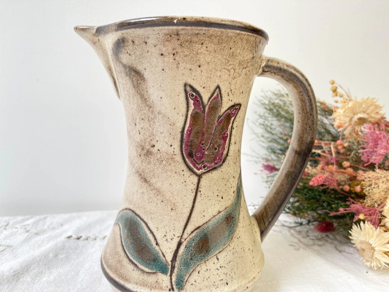1970s Les Grottes Dieulefit Floral Pattern Ceramic Pitcher – Glass & Decanter, Rustic (photo 2 of 10)